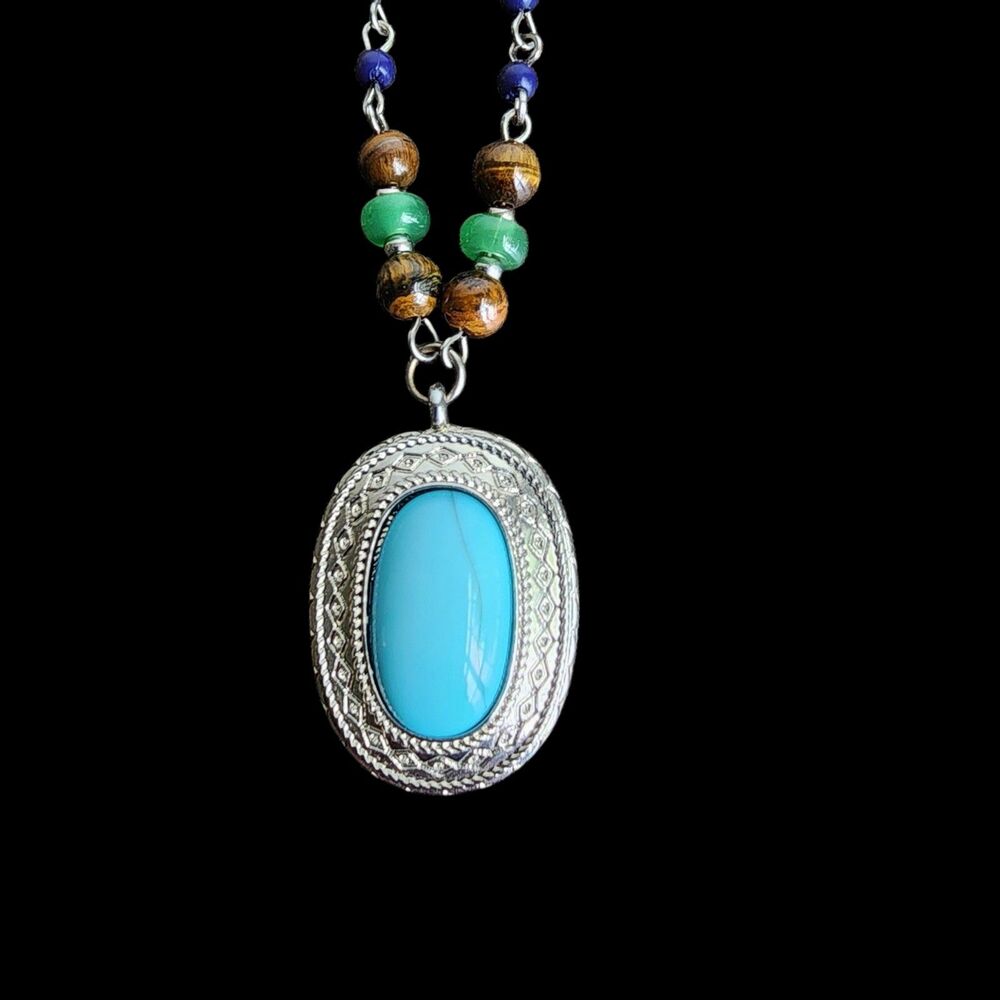 CHAPS Boho Statement Necklace Silver Tone Blue Turquoise-Style Cabochon Pendant